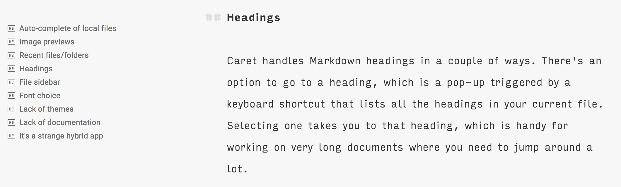 Caret headings sidebar