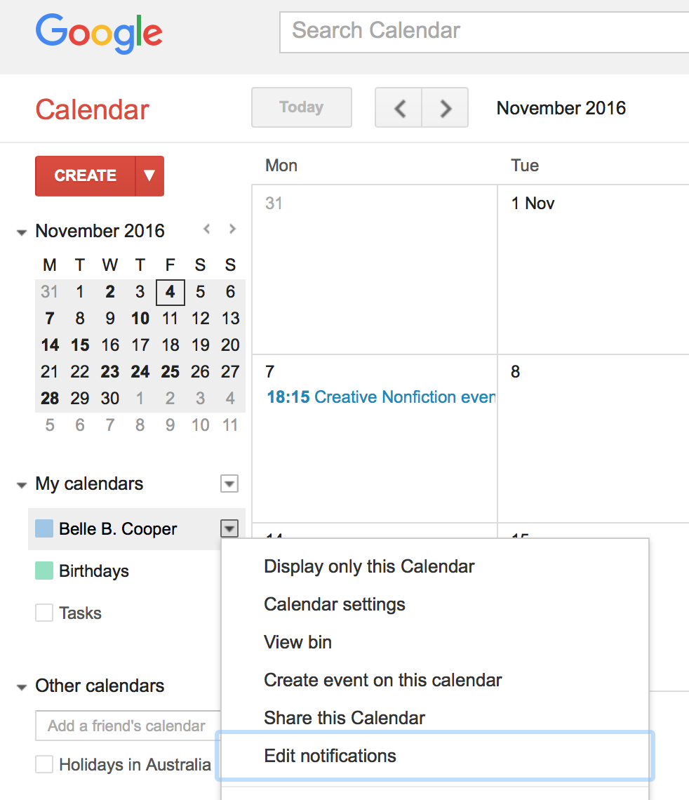 Edit notification settings for a Google Calendar