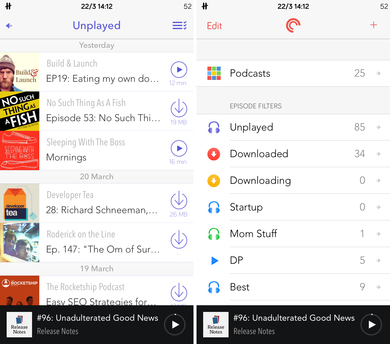 Pocket Casts list views